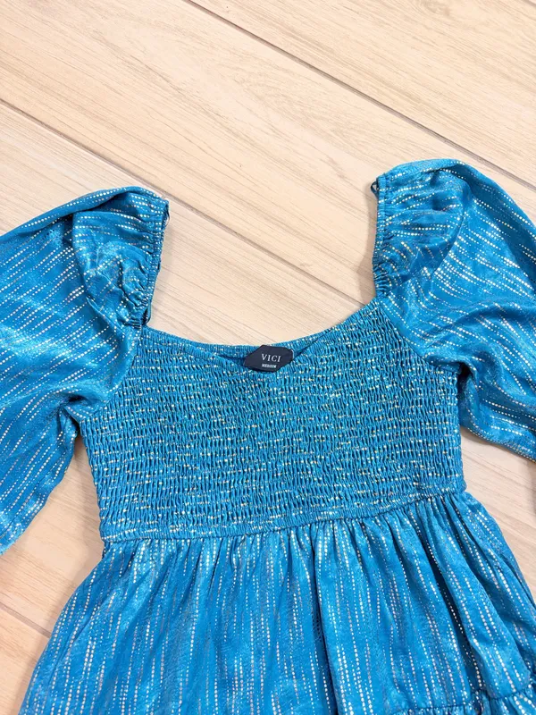 VICI Teal Metallic Stripe Tiered Mini Dress Smocked Puff Sleeve NWOT Size M - Image 3