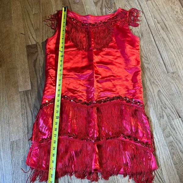 Encore Roots Red Satin Fringe Sequin Flapper Dress Vintage Made in USA Womens M - Image 4