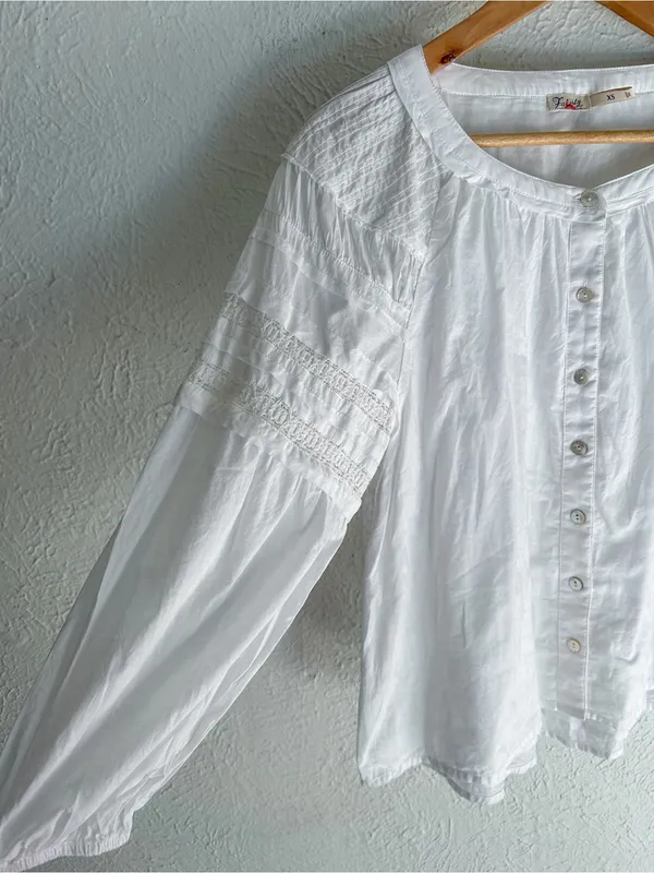 Faherty Enna White Cotton Lave Pintuck Top XS Cottagecore Prairie Peasant Blouse - Image 5