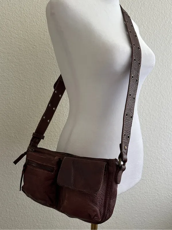 FREE PEOPLE Wade Leather Sling Purse Shoulder Cross Body Buckle Bag Dark Brown - Image 6