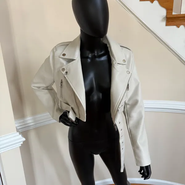 Leather Moto Jacket Crop Faux Motorcycle Jacket Belted Crop Coat Trench Cardigan - Image 7