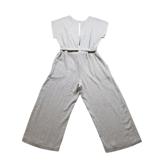 Monteau Jumpsuit Womens Large Beige Linen Wide Leg V-Neck Cropped Boho Overall - Image 10
