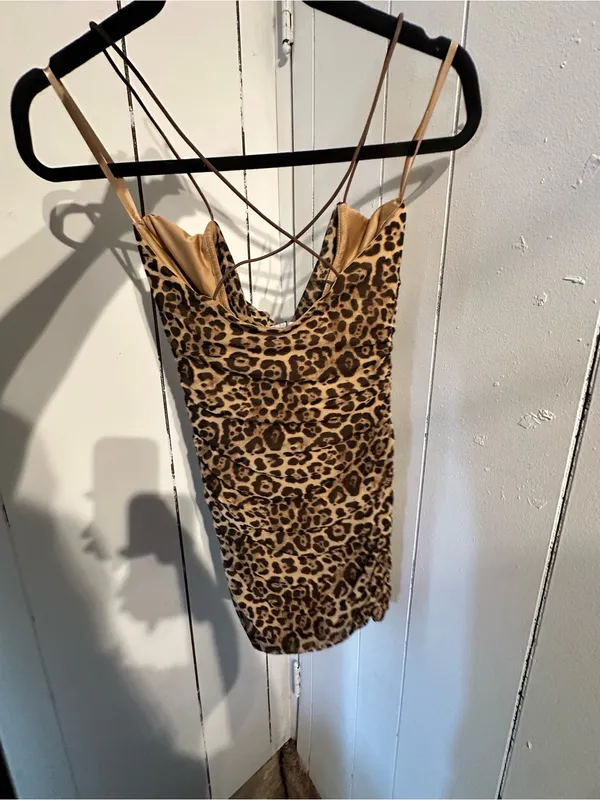 AKIRA NWT Leopard Print Ruched Dress with Spaghetti Straps - Brown - Image 3