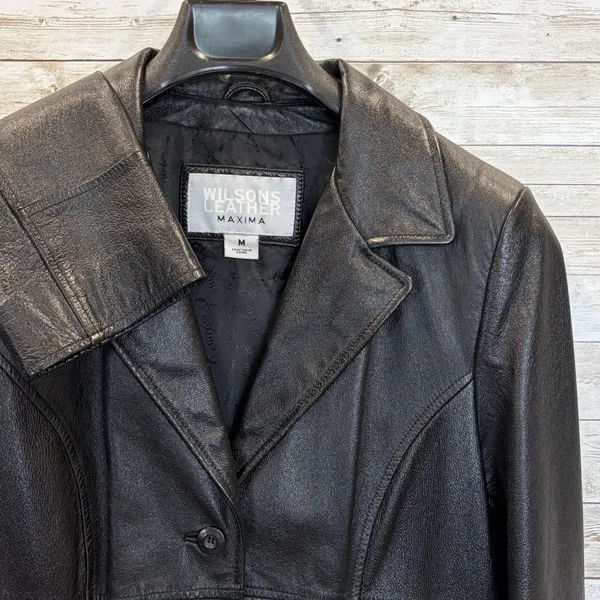 Vtg Wilsons Leather Maxima Womens M Jacket Black Leather Fitted 3 Button Y2K EUC - Image 2