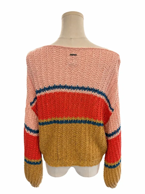 Billabong Size Large Open Knit Colorblock Lightweight Sweater Pink Rust Tan - Image 3