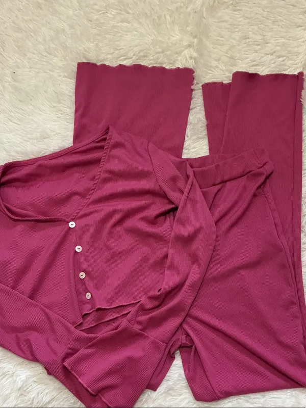 SheIn Women's Ribbed Lounge Pants Set in Magenta - Image 2