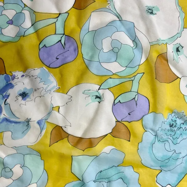 vintage yellow blue white floral scarf square poly chiffon - Image 8