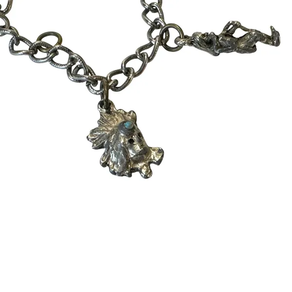 Turquoise Accented Charm Bracelet Anklet Southwestern Silver Tone Tribal Boho - Image 4