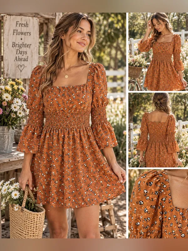 NWOT T.B.F.O Rust Orange Ditsy Floral Smocked Mini Dress Size Medium - Image 2