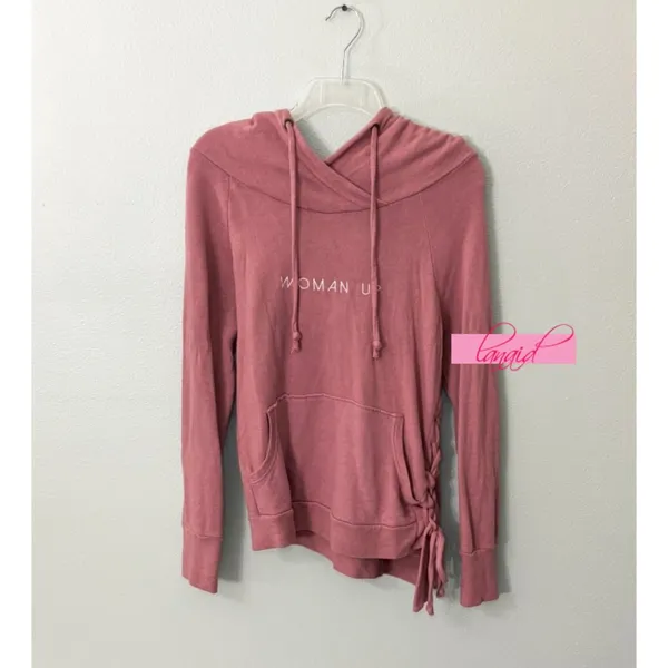 Good hYOUman Woman Up Lace-Up Hoodie Corset Asymmetric Heathered Pink Oversized - Image 4