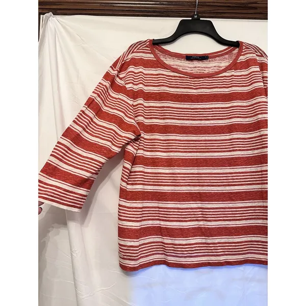 Polo Ralph Lauren Red Cream Stripe Linen 3/4 Sleeve Boat Neck Shirt Size Large‎ - Image 2
