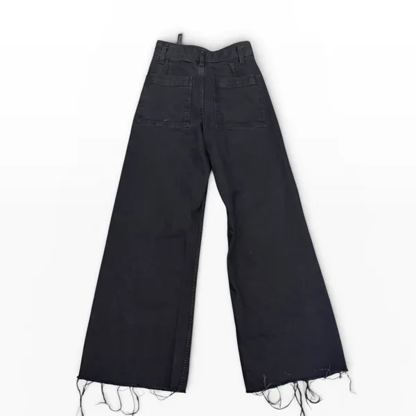Zara Black Wide Leg Raw Fray Hem High Rise Jean Size 4 Stretch Patch Pockets EUC - Image 2
