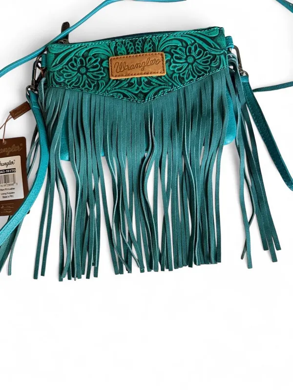 NWT Wrangler Turquoise Tooled Fringe Crossbody Bag - Image 5