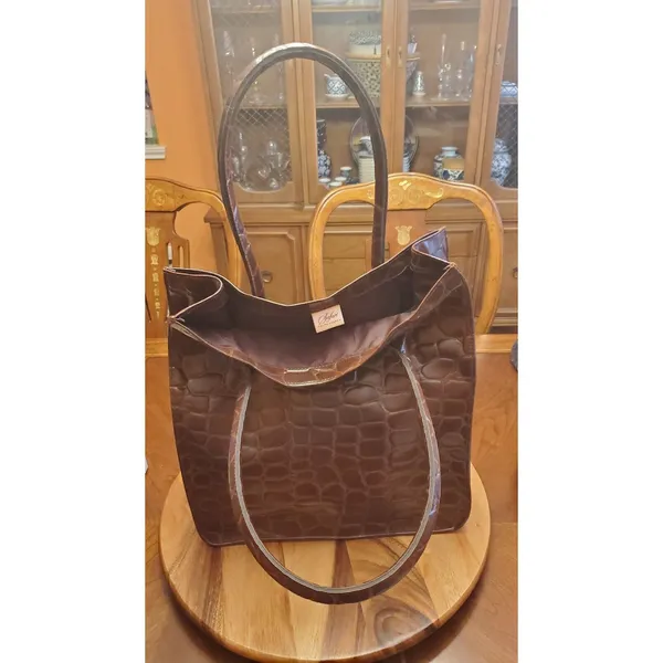 Ralph Lauren Signature Safari Embossed Tote Bag Brown Faux Leather LRG - Image 11