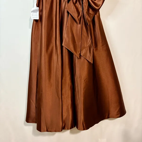 Miss Veil Satin Tea Length Dress Bow Detail Double V Neck Formal Brown Small NWT - Image 3