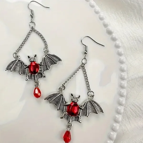 Gothic Bat Wing Vibrant Red Synthetic Gemstone Drop Earrings‎ Silver Plated - Image 8