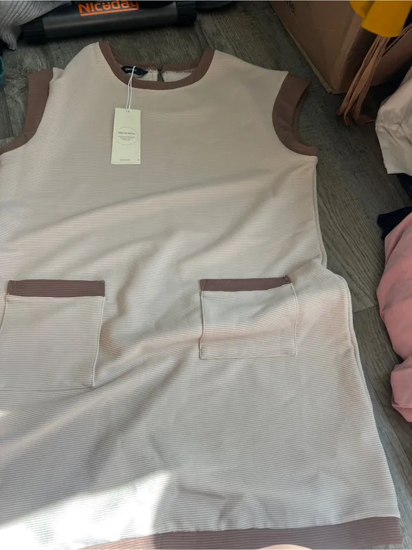 NWT Dokotoo Casual‎ Cream Shift Dress with Brown Trim size L - Image 5