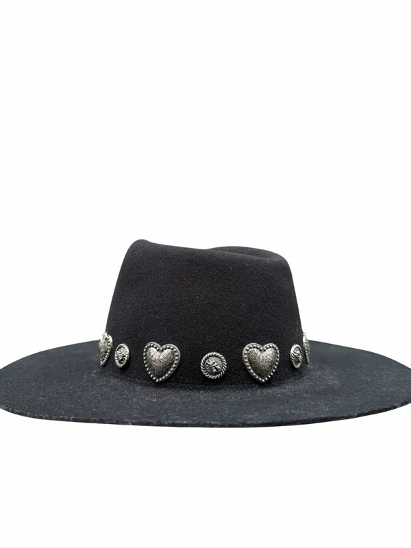 Wyeth Rochelle Boater Hat Black Wool Felt Western Heart Concho Vintage Cowgirl - Image 11