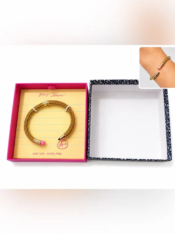 Betsey Johnson Gold Pencil Cuff Bracelet Pink Tip cute teacher gift new box - Image 2