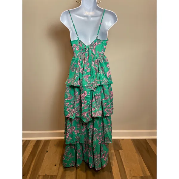 Entro Green Pink Floral Ruffle Dress Size M Square Neck Layered Boutique - Image 4