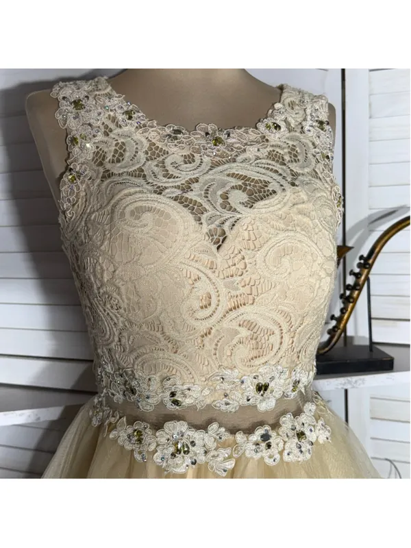 Dancing Queen cream floral sheer mesh dress beaded fairy princess homecoming M - Image 11