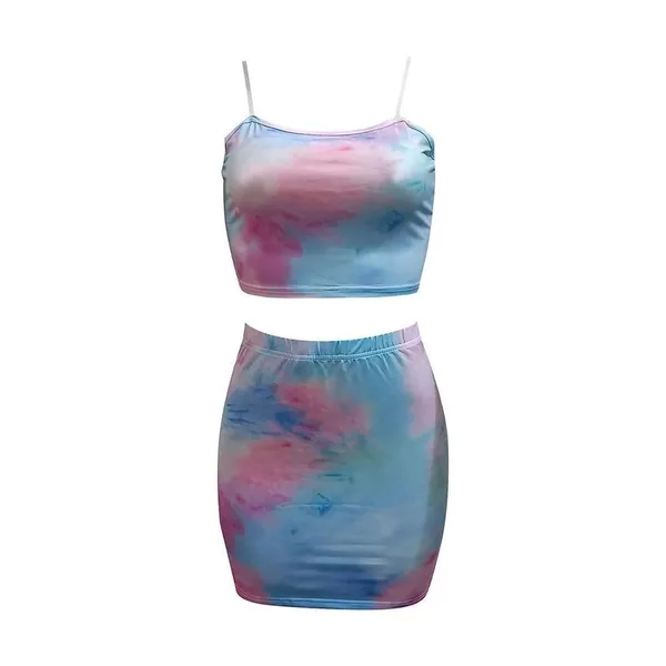 New Womens Yfang Tie Dye Sexy 2 Piece Bodycon Ourlfit / Cropped Tank Skirt Sz L - Image 2