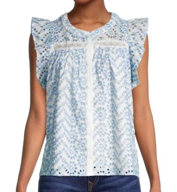 Floral Eyelet Embroidered Button-Up Blouse - Light Blue & White Sleeve - Image 2