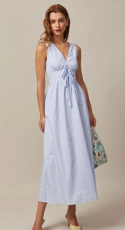 Rihoas Blue V Neck Shirred Striped Maxi Dress - Image 5