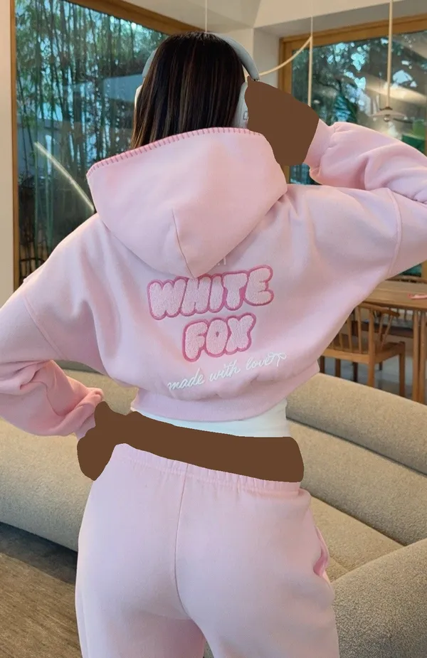 White Fox Boutique Posy Pink Wide Leg Pants And Crop Hoodie Set M/L New - Image 6