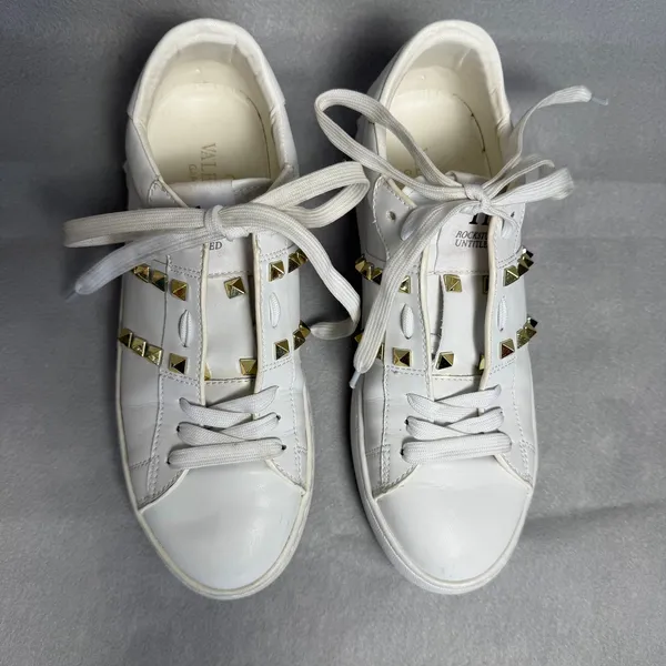Valentino Garavani Rockstud Untitled White Leather Sneakers Gold Studs 39 - Image 2