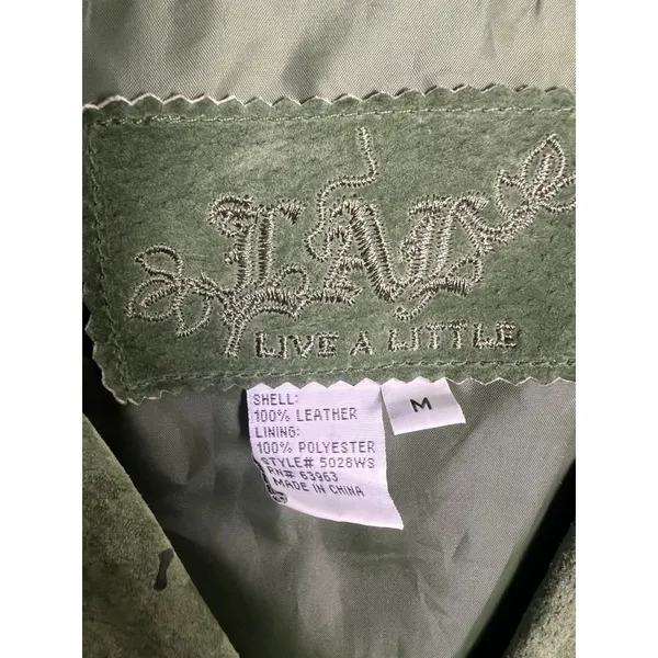 VTG Live A Little Green Suede Leather Jacket Wm MD Boho Y2K 90 Punk Gilmore Girl - Image 3