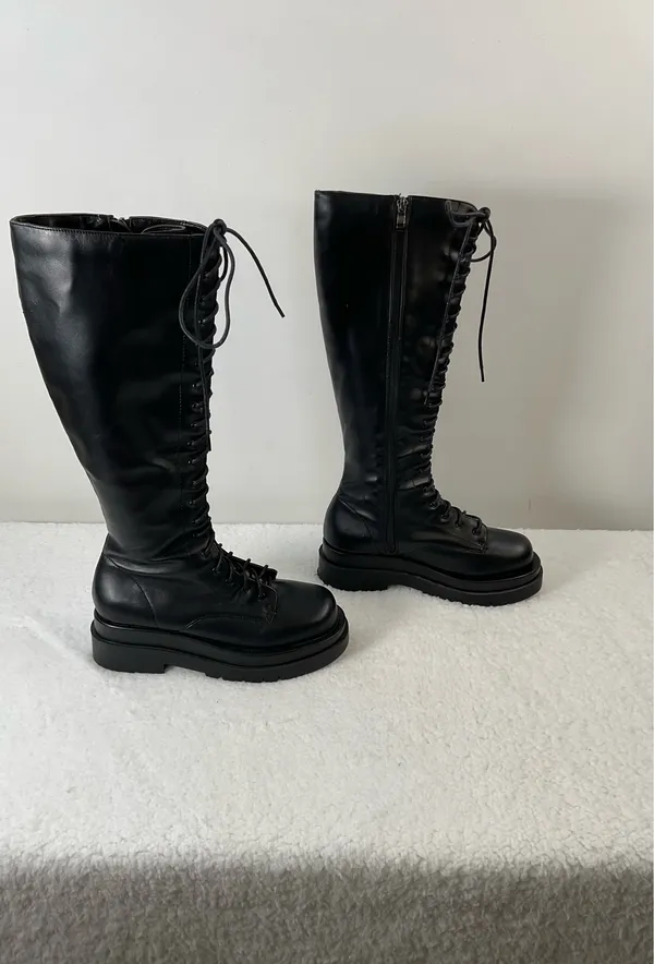 Nasty Gal Black Lace-Up Knee High Boots Size 5 - Image 3