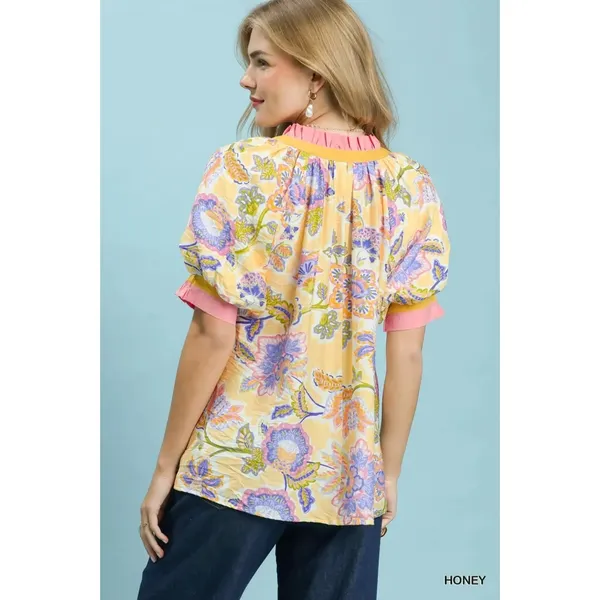 Umgee Floral Print Ruffled Short Sleeve Top - Medium - Image 3