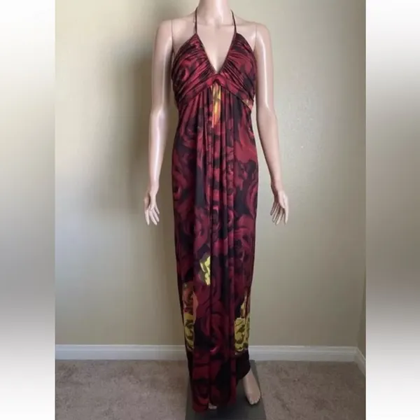 Alice + Olivia Silk V-Neck Halter Top Maxi Dress Red Orange Roses Size Large - Image 2