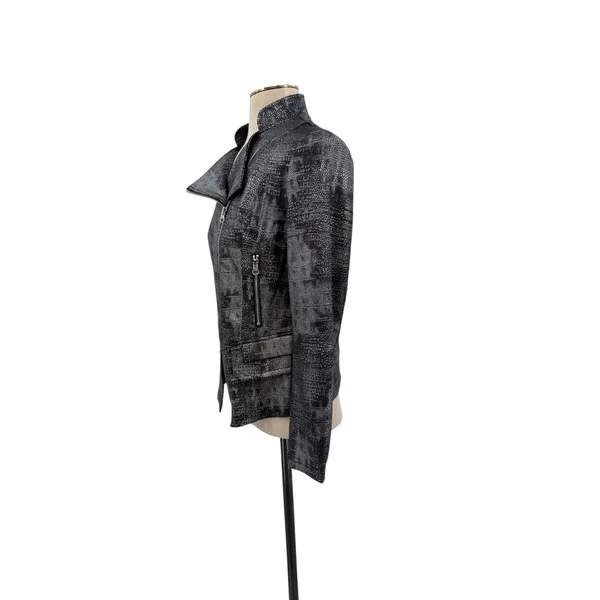 Clara Sunwoo Metallic Liquid Leather Textured Biker Jacket Gunmetal Small - Image 7