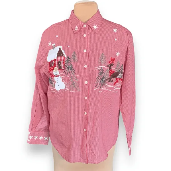Vintage Karen Scott Red Gingham Christmas Shirt Snowman Reindeer Large Cabincore - Image 2