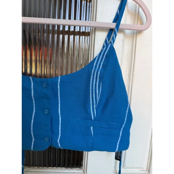Free People Blue White Striped Button Front Smocked Back Cotton Crop Top Small - Image 2
