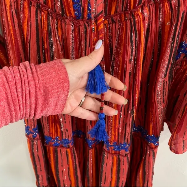 Raga Red Burnt Orange Metallic Thread Boho Tiered Dress Festival Size XS‎ - Image 6