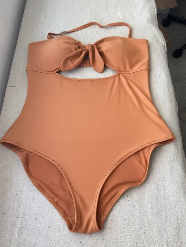 Aerie Swimsuit Copper Halter Knot Cutout One Piece Swimsuit Size Large - Image 4