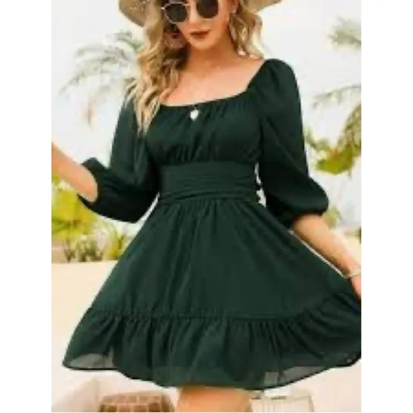 Exlura Green Square Neck Puff Sleeve High Low Mini Dress XL Cottagecore Boho - Image 6