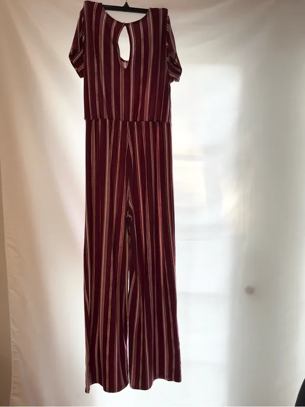Striped Burgundy Jumpsuit with Keyhole Neck - Image 2