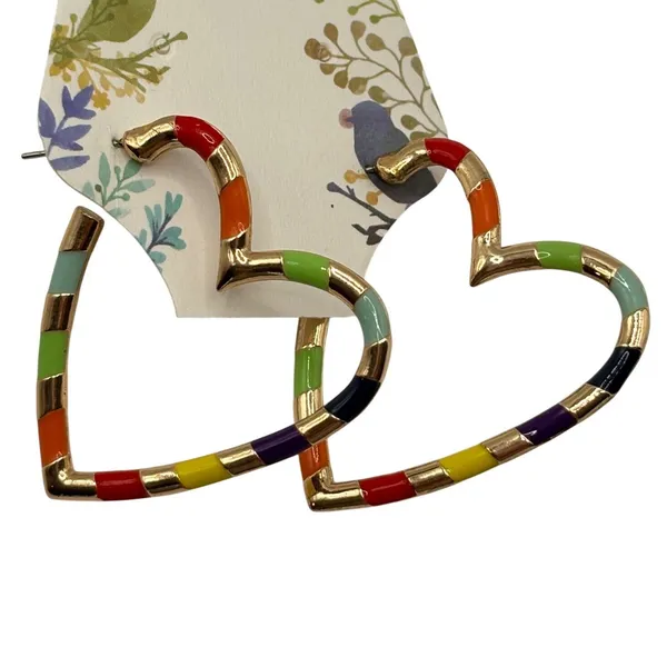 Gold‎ Tone Rainbow Enamel Striped Heart Hoop Earrings Pierced Retro Dopamine - Image 3