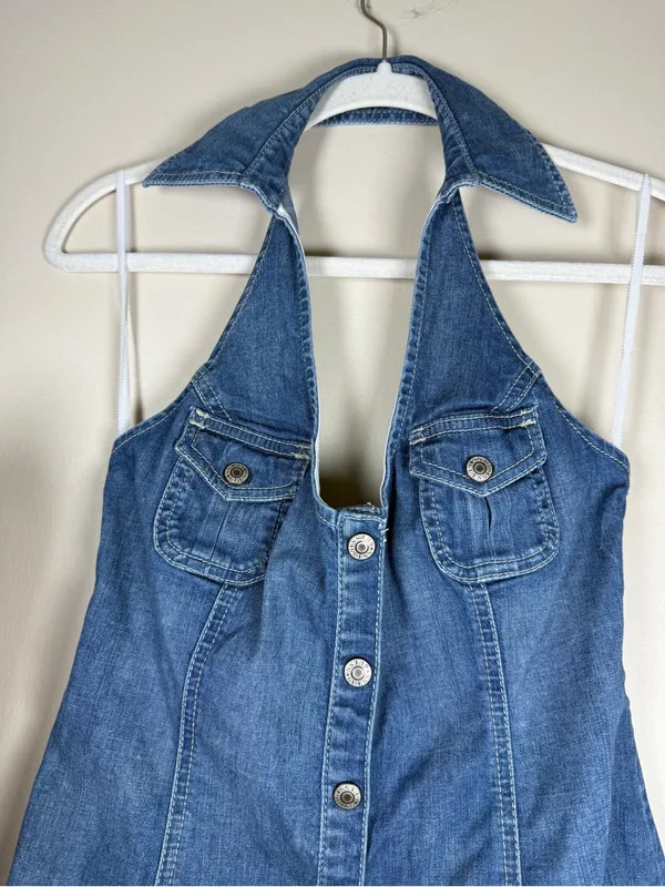 Y2K Vintage Guess Sexy Button Down Denim Mini Dress Size 9 - Image 4
