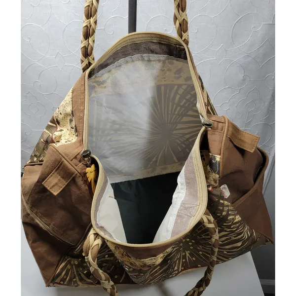 Paul Breut Travel Weekender Duffle Bag Large Brown Canvas Sequin Palm Tree Print - Image 15