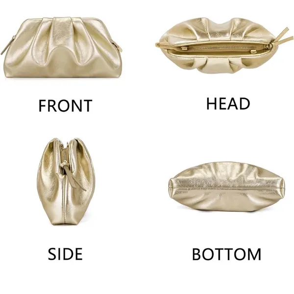 Gold Pleated Evening Clutch Bag Shiny Leather Formal Wedding Crossbody Purse - Image 2