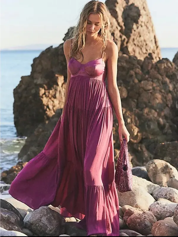 Free People Freya Berry Pink Satin Corset Tiered Maxi Dress M Coquette Fairycore - Image 3