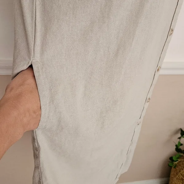 Well Worn Linen Blend Button Down Shirt Dress Short Sleeve Beige Pockets Small - Image 9