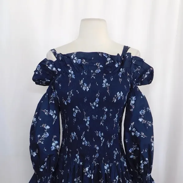 Revolve‎ REBECCA TAYLOR Francine Off Shoulder Dress Floral Smocked Navy Blue 0 - Image 3