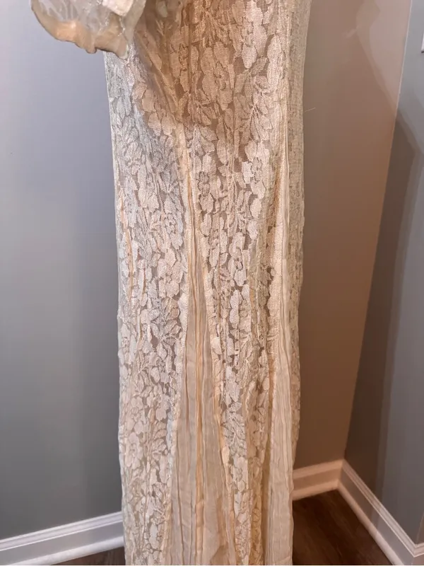 Starina Cream Lace Overlay Dress Large Floral Pleated Bridal Vintage Bohemian - Image 3