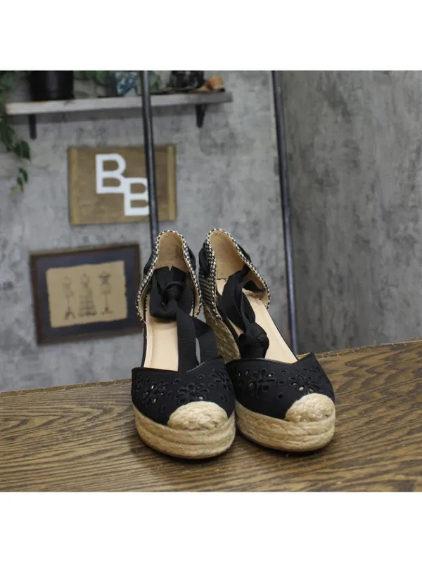 On 34th Melindaa Platform Espadrille Pump Wedge Ankle Wrap Sandals Black 6M - Image 3